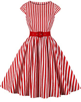 AXOE Femme Robe Vintage Années 50 Tissu Coton Respirant Coupe A-Line Ceinture Amovible Col Bateau Blanche Rayures Rouge, Taille 44, XL