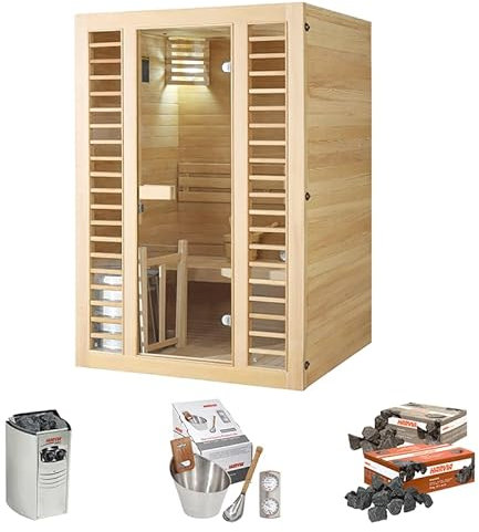 Sauna Neptune 2 places Holl's - + Poêle électrique Harvia Vega 3,5 kW + Pack accessoires Premium pour sauna traditionnel Seau & Louche + Hygro/Thermomètre + Pierres de laves