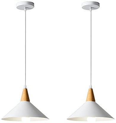 LIGKIN 2 Piezas Lámpara Colgante Industrial Moderna Ø25cm Pantalla Metal Madera Lámpara de Techo Retro E27 Iluminación para Cocina Comedor Cafetería, Blanco