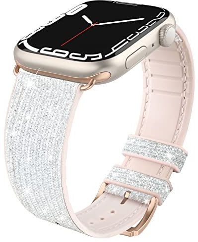 Tuocal Cinturino di ricambio compatibile con Apple Watch da 42 mm, 44 mm, 45 mm, morbido silicone glitterato, sportivo, unisex, per iWatch serie 9, 8, 7, 6, 5, 4, 3, 2, 1, SE Sport Edition, argento