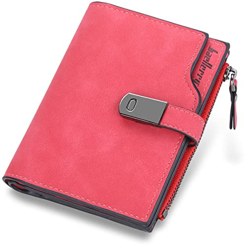 HNOOM Porte Monnaie Femme en Cuir PU Porte Feuilles pour Femme Court Lisse et Souple Petit Portefeuille Femme avec 16 Emplacements Cartes et Zippé Pochette à Monnaie (Rouge-S)