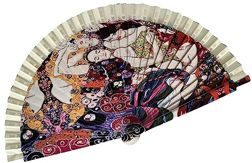 Pla Pla Pla Abanico madera y tela impresa decorada. Abanico madera pintura la joven de Klimt. Abanicos baratos de madera