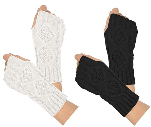 Fingerlose Handschuhe Damen 2 Paar, Moseem Handschuhe ohne Finger Winterhandschuhe, Klassische Strick Halb Handschuhe Armstulpen für Damen und Mädchen(Schwarz+Weiß)