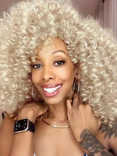 Colorfulpanda Afro Perücke Blond Damen, hellblond Synthetische Wellige Lockige Natürliche Haar für Frauen, Kinky Curly mit Pony kurze Perücken für alltagstauglich Cosplay