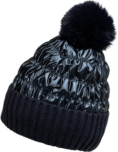 Caspar MU217 Damen warm gefütterte Winter Materialmix Metallic Glanz Bommelmütze, Farbe:dunkelblau, Accessoires:One Size