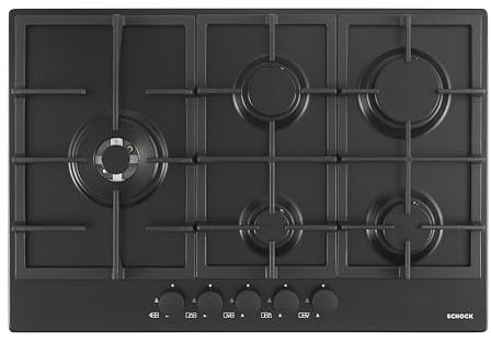SCHOCK | Piano Cottura 5 Fuochi Professional PC75 , Griglie in Piattina con Finitura Ghisa, Valvole di Sicurezza, Nero Opaco, 740x500 mm