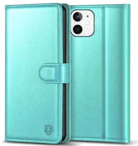 Kuafcase Compatible for iPhone 12 Mini Case with 4 Card Slots Magnetic Closure Kickstand Shockproof Protective Phone Case Compatible for iPhone 12 Mini - Ice Green