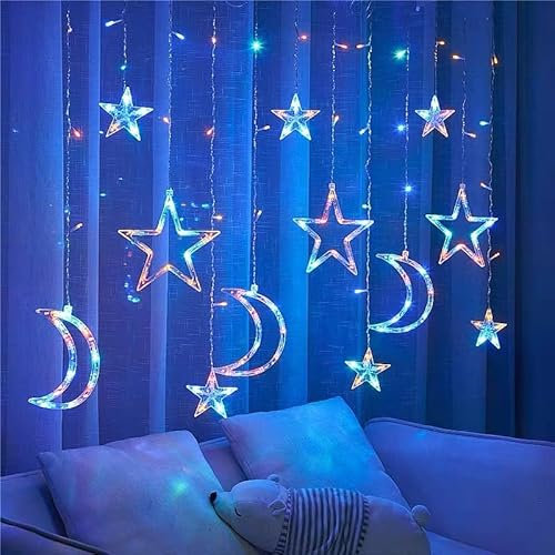 LED Sterne Mond Lichterkette Innen, 3.5M Lichtervorhang Innen, 8 Modi Lichterkette Fenster mit Timer&Fernbedienung, LED Lichterkette Sterne Mond Batteriebetrieben für Fenster Innen Party (Bunt)