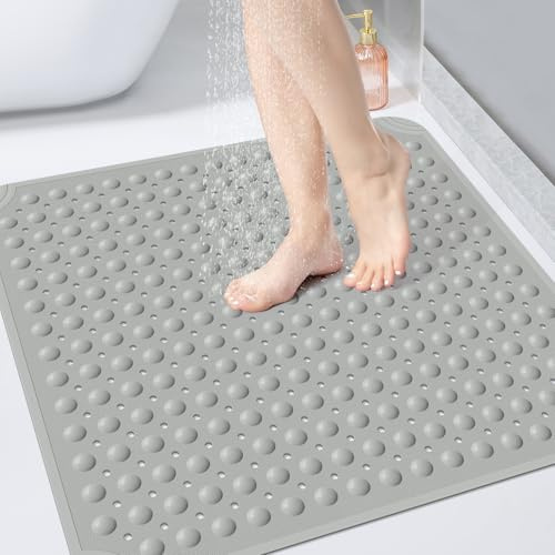OTHWAY Square Shower Mat 80x80 CM, TPE Non Slip Bathroom Mat, Inside Shower Mat with Drain Holes Suction Cups, Walk in Shower Stall Mat Anti-Slip for Elderly Kids(Dark Grey)