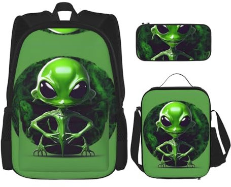 GaxfjRu Grünes Alien-Rucksack-Set für Lunchbox, Lunchbox und Federmäppchen, perfekt für Schule, Rucksack, Herren, 3-teilig
