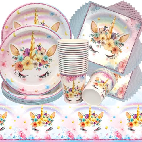 Doyomtoy Vaisselle de Fête Licornes Anniversaire, 61 Pièces Décorations de Fête de Filles Assiettes en Papier Serviettes Tasses pour Fête à Thème Licornes Décorations Fête
