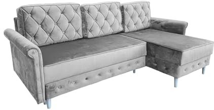 Meble Ares Moderne Sofa LILI - Elegante Ecksofa mit Schlaffunktion und Bettkasten - Praktische Schlafsofa Ausziehbar zum Wohnzimmer - Komfortabel Couch l Form - Weiße Beine, Samt Grau