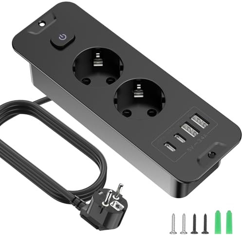 prise encastrable USB, 2 tableaux, 4 n 1 plateau, triple prise intégrée avec câble d'extension de 2 m, multiprise bureau, maison, noir