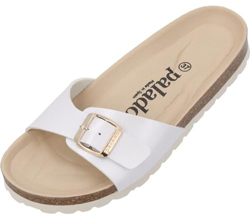 Palado Pantoletten Damen Malta BE Metallic – gefertigt aus pflegeleichtem, metallisch glänzendem Material – helle Veloursleder-Decksohle – eleganter Look – Weichfußbett Weiß UK7 - EU40