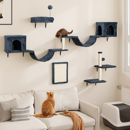 YITAHOME 8 PCS Katzenkletterwand-Set, Stabiles Plüsch-Klettergerät für Katzen, Katzenklettergerüst Spieltürme mit Kratzbäumen, Katzenhaus, Katzenbrücke, Katzentreppe und Hängeball, Dunkelgrau