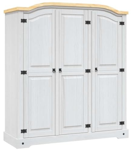 Willood Kleiderschrank Mexiko-Stil Kiefernholz 3 Türen Weiß Dielenschrank Schrank Garderobenschrank Schlafzimmerschrank Holzschrank