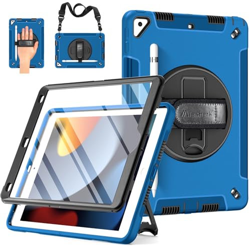 Miesherk Funda para iPad 9ª/8ª/7ª Generación 10.2 2021/2020/2019: Case Protectora Cuerpo Completo Grado Militar-Protector Pantalla-Portalápices-Soporte Giratorio-Correa de Mano/Hombro-Azul