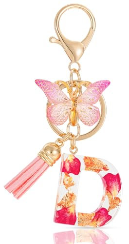 MWOOT Letter Keychains Initiale Porte Clef Lettre D,Alphabet Initial Keyring avec Papillon Pendentif,Rose Pétales Feuille D'or Key Ring pour Femmes Filles Portefeuilles Sac à Main Charme(D)