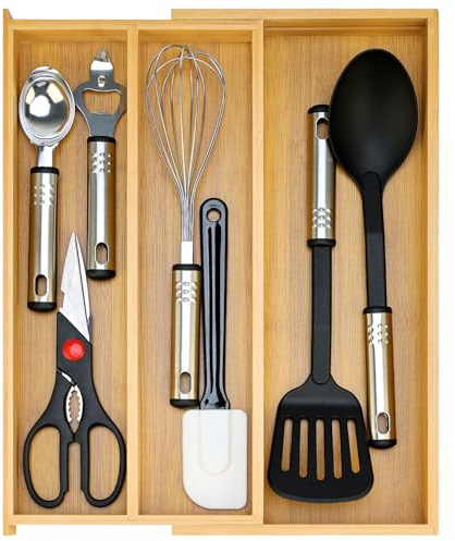 Large Bamboo Kitchen Utensil Drawer Organizer Expandable Silverware Tray