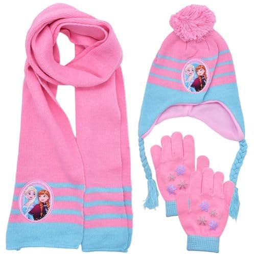 Frrozen Mütze Schal Und Handschuh Set Elsa Kinder 3 Stück Cartoon-Drucke Herbst Winter Mädchen warme gestrickte Mütze mit Schal Handschuhe Geschenke für Kinder Mädchen(C)