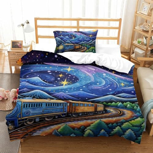 KAYZTGSDA Bettwäsche-Set mit Zugmotiv, Tagesdecke, Schlafzimmer, mit Kissenbezügen mit Reißverschluss, weiche Mikrofaser, Einzelbett (135 x 200 cm)