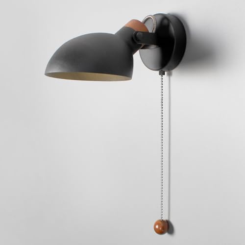 TZSMUM Innen Wandlampe mit Zugschalter Wandleuchte Vintage Stil Holz und Metall Wandbeleuchtung Retro Industrie Schwenkbar E14 für Schlafzimmer Eingang Wohnzimmer (Schwarz,Neutrales Licht)
