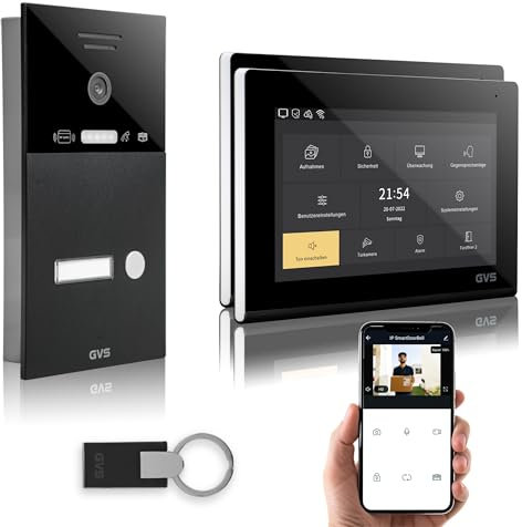 GVS - IP Video Türsprechanlage mit Türöffner, RFID Zugang, HD Kamera, 2X 7 Zoll Monitor & App - Smarte Video Türklingel mit Kamera & Gegensprechanlage für 1 Familienhaus (AVS4285U)