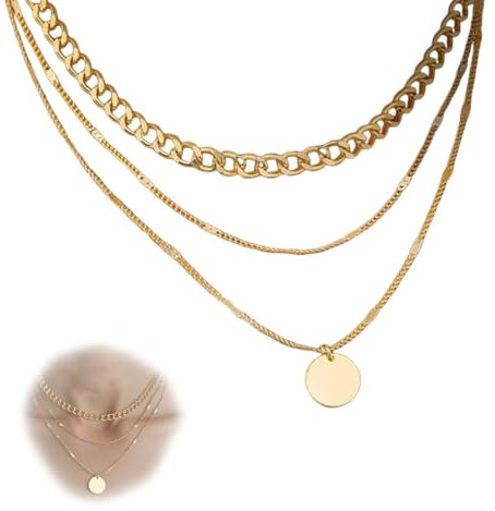Elegant Rose Gold Necklace for Women, Long Rose Gold Chain, Copper Material, 52cm + 5cm Adjustable, 3Pcs Stackable Gold Disc Necklace, Modern and Chic Jewelry Design