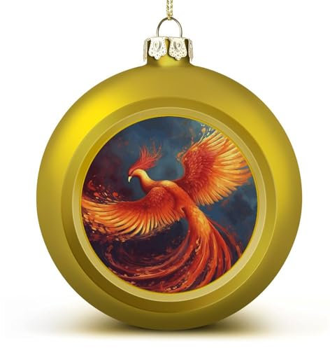 6 cm Weihnachtskugel-Ornamente, orange-rot, Phönix-Druck, goldener Kunststoff, bruchsichere Weihnachtskugeln, Dekoration, hängende Weihnachtskugeln, Dekorationen, Kugeln für Weihnachtsbaumschmuck, mit