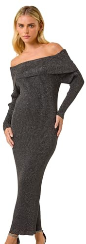 Roman Petite Metallic Knit Bardot Midi Dress for Women UK - Ladies Autumn Everyday Winter Holiday Long Sleeves Soft Bodycon Comfy Warm Feel Frock Dinner Date Gowns