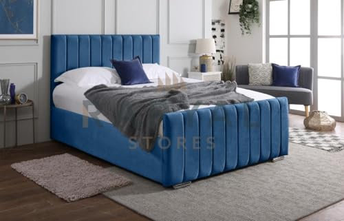 Rapyal Velvet Upholstered Panel Bedframe with Optional Ottoman Storage – Modern Design, Multiple Sizes & Colours (Blue, Small Double)