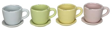 finehomegarden Pflanztasse Dolomit 4Fb. sort. bunt Tasse Pflanztopf mit Unterteller Keramik Ø10x8cm