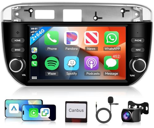 2G+64G Android Autoradio für FIAT Linea Punto Evo Linie 2012-2015 mit Wireless Carplay Android Auto, 7 Zoll Touchscreen Autoradio mit Navi GPS WiFi Mirror Link Bluetooth FM/RDS EQ/SWC Rückfahrkamera