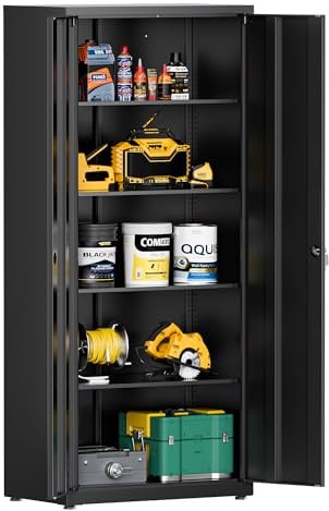 LVSTEEL Aktenschrank, abschließbarer Mehrzweckschrank mit 4 höhenverstellbaren Einlegeböden, Stahl-Büroschrank mit 2 Türen, Schwarz, 181.5×80×40 cm
