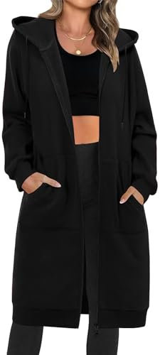 RITOSTA Damen Kapuzenjacke Lang Sweatjacke mit Kapuze Hoodie Jacke Herbst Winter Frühling Mantel Sweatshirts Langarm Kapuzenpullover Strickjacke mit Reißverschluss Taschen(Schwarz,L)