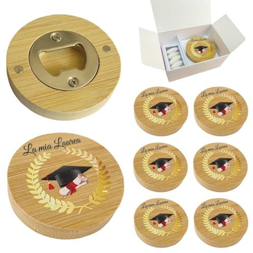 Regalami Set 6 Bomboniere Stappa Bottiglie Magnetico in Legno Confezione Completa con Scatola, Confetti e Biglietto (Laurea)