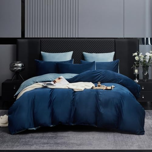 Gezu Bettwäsche Winter Warme Plüsch 220x200cm Blau Hellblau Wendefleece Kaschmir Flanell Fleece Touch Flauschiger Warmer Stoff Samt Bettbezug Set 220 x 200 mit 2 Reißverschluss mit Kissenbezug 80x80