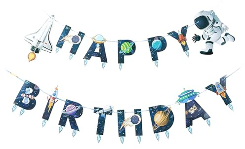 Weltraum Kindergeburtstag, Happy Birthday Girlande Outer Space Party Dekoration mit Planeten und Raumschiff Motiven, Geburtstagsdeko Jungen, für Kinder Geburtstagsfeier