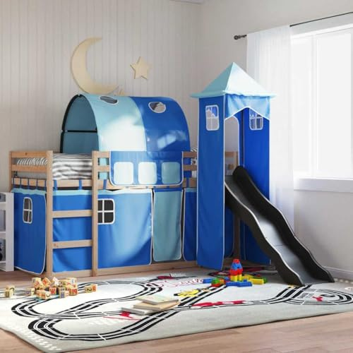 Domusverde Etagenbett mit Rutsche und Gardinen Blau 80x200 cm Stockbett mit Rutsche Gardinen, Kinderbett mit Rausfallschutz Lattenrost, Spielbett Bett ohne Matratze