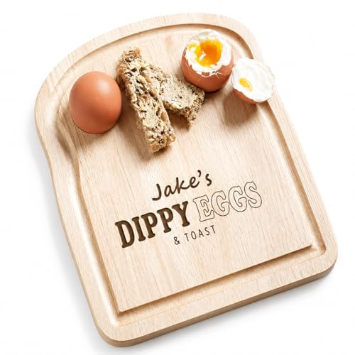 Just Giftz Personalised Egg and Toast Board, Wooden, 23cm x 15cm x 1.5cm | Handmade wooden board with dippy egg cup and toast soldier slots, custom-engraved gift, ideal for kids and gifting.