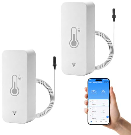 Lot de 2 thermomètres, hygromètres Wi-Fi avec sonde, thermomètre intelligent pour réfrigérateur avec application Tuya/Smart Life, thermomètre WiFi intérieur extérieur (℉/℃) pour réfrigérateur