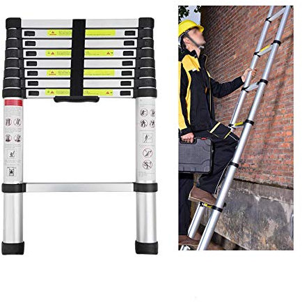 2.6m/ 8.4ft Extension Foldable Telescopic Ladder Aluminum Straight Telescoping Ladder Extendable Steps EN 131 Max Load 150kg/330lb