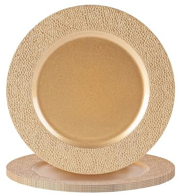 Argon Tableware Metallic Charger Plates - Hammered Gold - 33cm - Pack of 6 - Metallic Finish Reusable Dining Table Setting Plates for Christmas, Party Celebrations, Restaurant Decor Placemats
