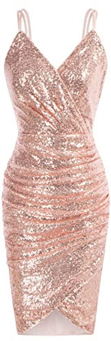 GRACE KARIN Casual Robe Crayon Paillettes Sequins Chic Robe Cocktail sans Manches Irrégulier Moulante Or Rose -1 XL