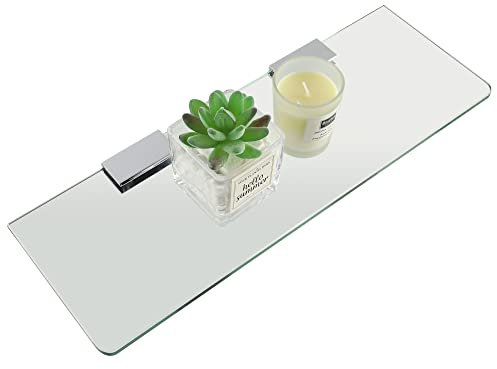SAYAYO Bathroom Glass Shelf Wall Mounted 7MM Tempered Transparent Glass with Chromed Stainless Steel Shelf Brackets Supports 380MM Length, EGBL2010R-C