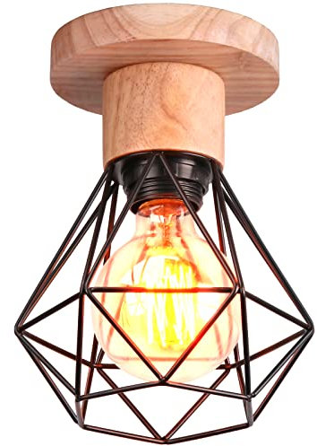 TOKIUS Suspension Luminaire Vintage Industrielle Lustre Abat-jour en Métal et Bois Ø160mm Plafonnier E27 avec Bois Rétro Pour Salon Cuisine Chambre (Plafonnier-1pcs)