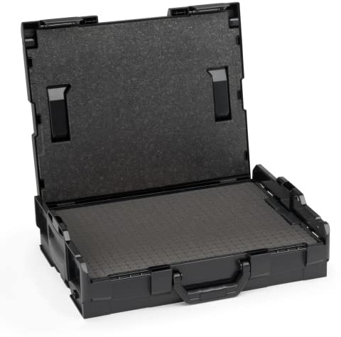 Sortimo Aufbewahrungsbox 102 – Black Edition • Schwarzes Design mit anthrazitfarbenen Verschlüssen • Inklusive Einsatz mit Rasterschaumstoff und Deckelpolster für eine strukturierte Aufbewahrung