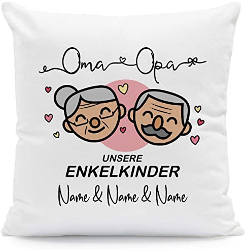 GRAVURZEILE Kissen mit Spruch - Oma & Opa Enkelkinder - Personalisiert mit Name - Geschenk für Oma & Opa zum Geburtstag Weihnachten - Größe mit Füllung, Farbe Enkelkinder