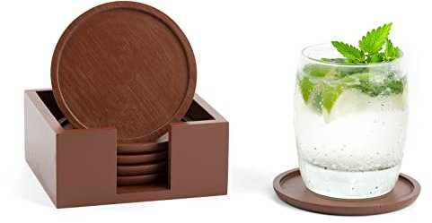 Rainsworth Rund Untersetzer Set Holz: 6er Glasuntersetzer, Tassen Coasters für Gläser mit Box, für Drinks, Bier, Glas, Kaffee, Holz Kerzenuntersetzer Deko Geschenke, Dunkelbraun