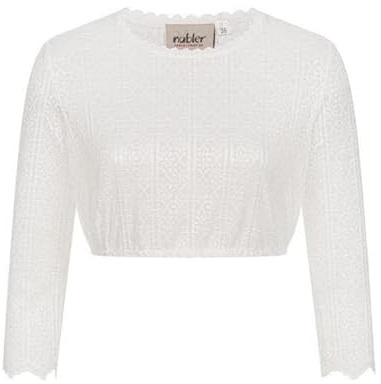 Nübler Damen Dirndlbluse Julia I Größen 30-48 I Hochgeschlossene Spitzenbluse mit Langarm & elastischem Saum I Transparente Trachtenbluse im Landhausstil I Ideal für Dirndl & Festliche Anlässe